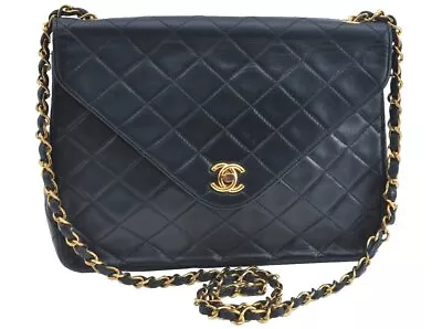 Authentic CHANEL Lamb Skin Turnlock Matelasse Shoulder Bag Black Junk 7215I • $1600