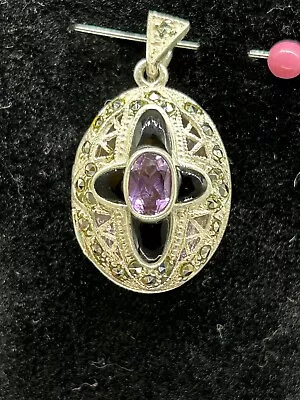 Vintage Sterling Silver Black Onyx Amethyst Marquasite Locket • $25