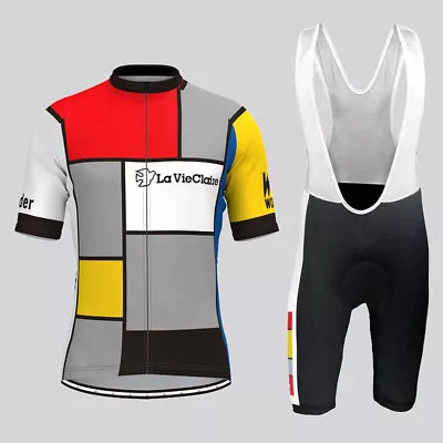 Retro 1985 La Vie Claire Mens Cycling Jersey Bib Shorts Kit Cycling Strap Shorts • $20.01