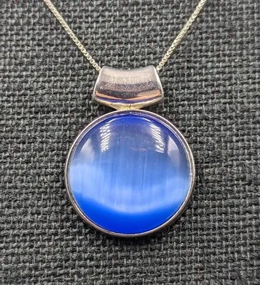 Vintage Sterling Silver SU Blue Cats Eye Round Pendant 16  Box Chain Necklace  • $35.99