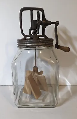 Vintage Hand Mixer Glass Jar Hand Crank Beater Wooden Blades 6 Quart Milk Dough • $59.95