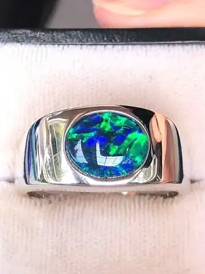 NAVY FIRE ENVY BRIGHT 100% Solid Natural Australian Black Opal Men Ring 10 VIDEO • $199