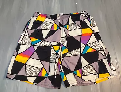 VINTAGE 90s SURF SUDDS WILD GEOMETRIC PRINT BEACH SHORTS MEDIUM • $10.80