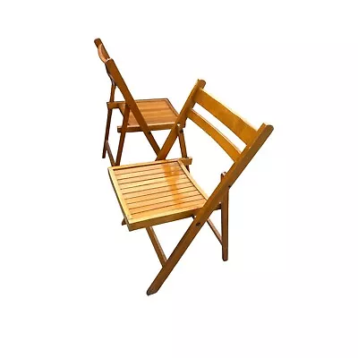 Vintage Mid Century Pair Of Wooden Folding Chairs Retro Seating Space-Saving • $95.71