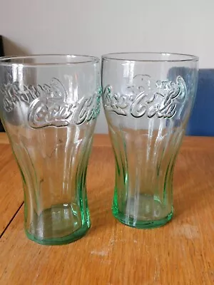 2x COCA COLA COKE PINT GLASS CLEAR GREEN TINT VINTAGE MAN CAVE COLLECTIBLE • £9.99