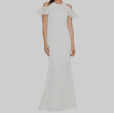 $495 Nicole Miller Women's White Keyhole Round-Neck Cold-Shoulder Gown Dress 10 • $55.98