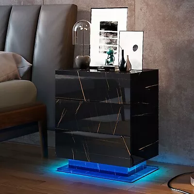 Black High Gloss Nightstand LED Lights Bedroom Side Table 3 Drawer Marble Top • $99.99