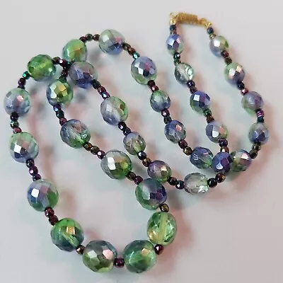 Vintage Glass Necklace Blue/Green Czech Beads Aurora Borealis Women`s Jewelry • $40