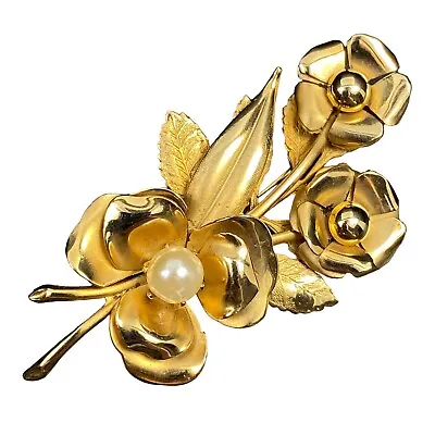 Vintage Brooch Flower Bouquet Goldtone Matte Shiny Faux Pearl 2.25  • $9.99