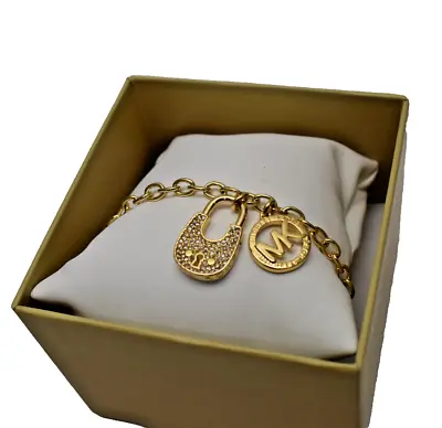 Michael Kors Pave Padlock Logo Chain Bracelet Goldtone Brass New In Box! • $58.99