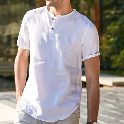 INCERUN Men's Short Sleeve Cotton Linen Shirt V-Neck Shirt Beach Holiday Top Tee • $16.61