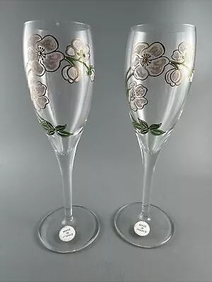 Vintage Perrier Jouet Champagne Glass Flutes With Hand Painted Flowers Set Of 2 • $24.99