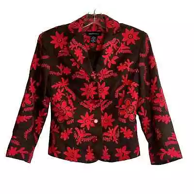 Moda International 100% Linen Embroidered Button Front Jacket Brown Pink Womens  • $25.49