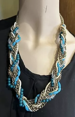 Vintage Chunky Turquoise White Blue Plastic Beads Gold Tone Chain Necklace DB1 • $49.99