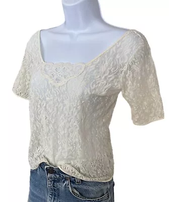 Vintage 80s Ivory Lace Mesh Sheer Stretch Romantic Boho Cottage Top Shirt Size M • $36