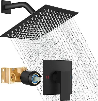 Shower Faucet Set Black Rain Shower Head Combo With Mixer Valve Kit Wall Mounted • $48.99