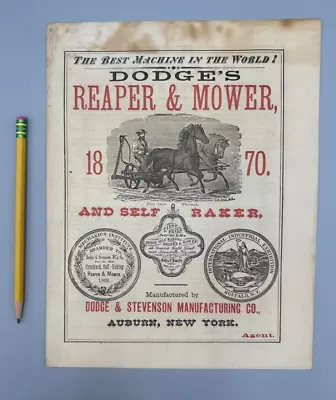1870 DODGE & Stevenson Horse Drawn Reaper & Mower FARM Advertising AUBURN NY • $64.95
