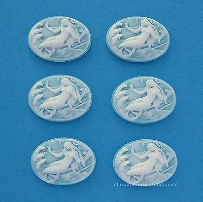 6 HZ Fantasy WHITE MERMAID On SKY BLUE 25mm X 18mm Costume Jewelry Craft CAMEOS • $3.09