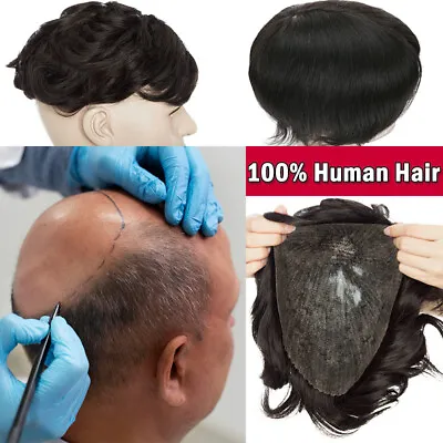 Mens Toupee Remy Human Hair Replacement System Hairpiece FOR Bald Head Male USA • $119.50