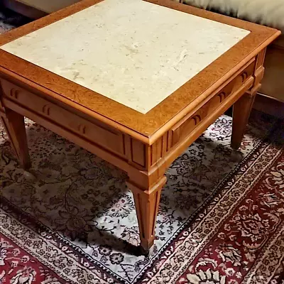 Vintage Travertine Marble Top Accent Side Table With Carved Wood Legs #2 • $135