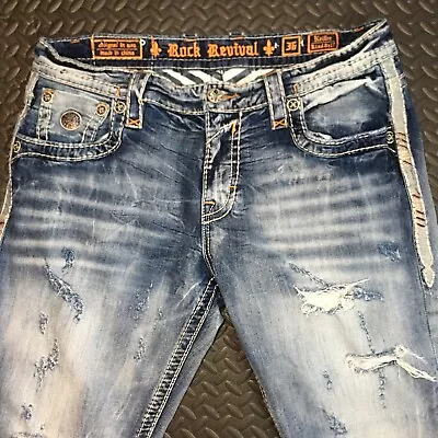 Rock Revival Relaxed Straight Jeans 36 X 26 Keizer Distressed Plaid Lining EUC • $38