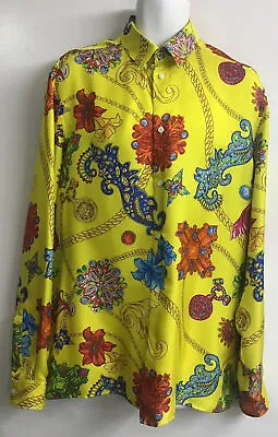 Versace Men’s Silk Print Shirt Bright Yellow Floral Print Button Down Size L/42 • $599