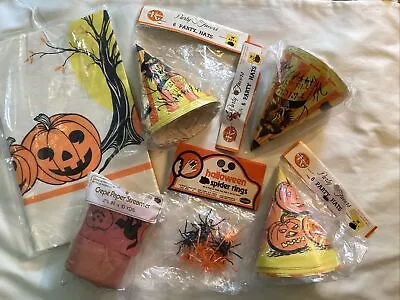 Vintage 70s Halloween- Kuepper Party Hats Table Cloth Spider Rings Streamers • $39