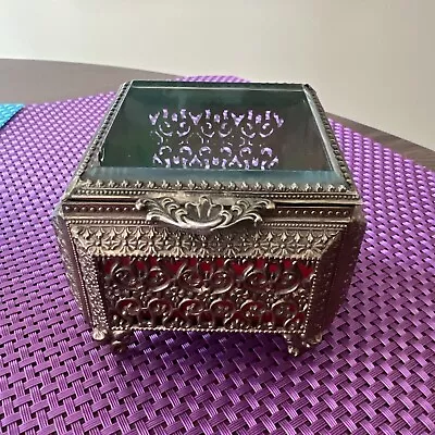 Vtg Brass Ormolu Trinket Box Beveled Glass Vanity Casket Gold Ornate • $22