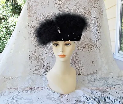 Vintage 100% Black Wool & Marabou Feather Hat W/ Rhinestones 22 1/2  Stunning • $85