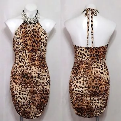 Leopard Print Faux Pearl Choker Neckline Accent Halter Cocktail Dress Small • $45