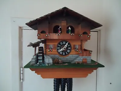 Vintage  Swiss Chalet Musical Cuckoo Clock With Dancers And Water Wheel. 2 Tunes • £179
