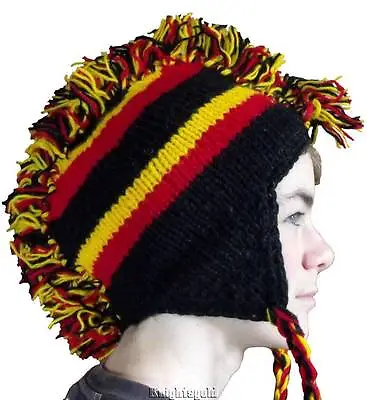 Beanie Hat Red Black Yellow Mohawk Hand Knitted 100% Wool Polyfleece Lined • $9.78