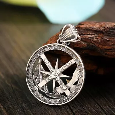 Vintage Men's Feather Compass Pendant Necklace With Stainless Steel Chain • $9.90