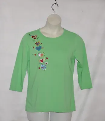 Quacker Factory 3/4 Sleeve T-Shirt With Embroidered  Size S Green/Heart • $9.79