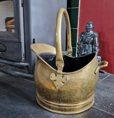 Vintage Hammered Brass Coal Scuttle Log Bucket Fleur De Lis Handle • £40