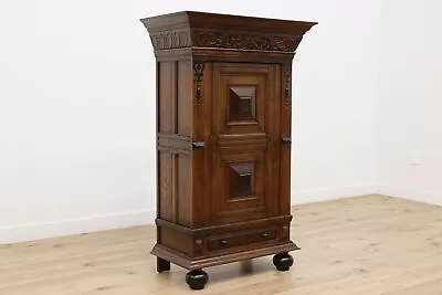 Dutch Antique Carved Oak Kas Dowry Armoire Or Bath Cabinet #46971 • $1975