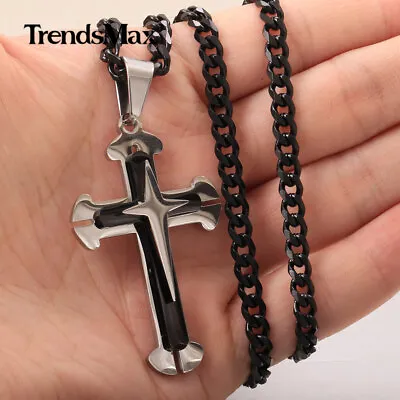 Mens Stainless Steel Cross Pendant Necklace 5MM 18 -30  Silver/Black Cuban Chain • $11.99