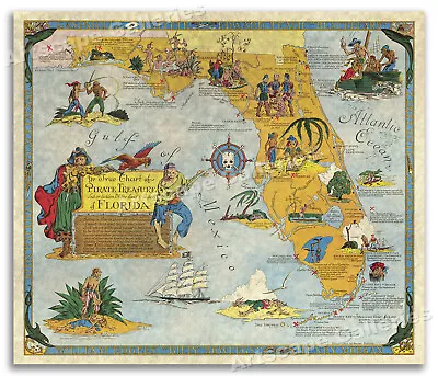 Ye True Chart Of Pirate Treasure Of Florida - Vintage Treasure Map - 16x20 • $12.95