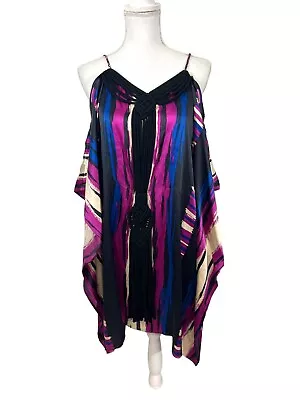 Voom By Joy Han Medium Silk Caftan Dress Macrame Trim Knee Length Festival • $45