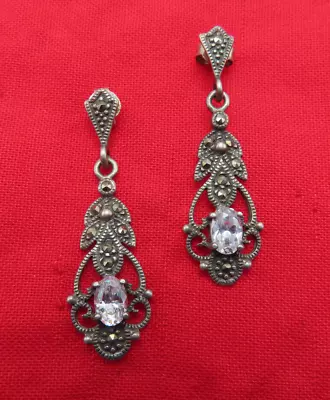 Vintage Earrings Sterling Silver Clear Crystals Marcasites 1.25 Inch 551c • $27.99