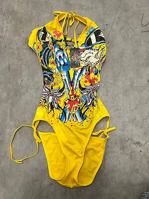 Modatattoo Yellow Sexy Bodysuit Top With Swarovski Crystals Stretch Festival • £33.78