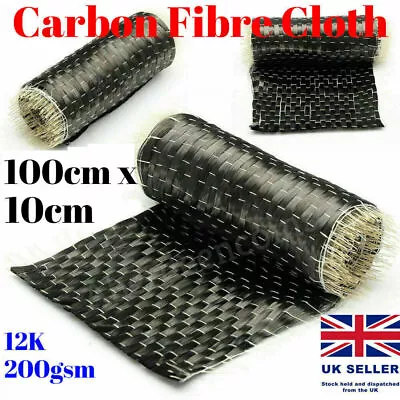 12K 200gsm Real Carbon Fiber Fibre Black Cloth Fabric Twill Weave 100cm X 10cm • £7.95