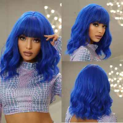 Blue Short Bob Cosplay Lolita Synthetic Wigs Water Wavy Hair Wig With Bangs Heat • £37.07