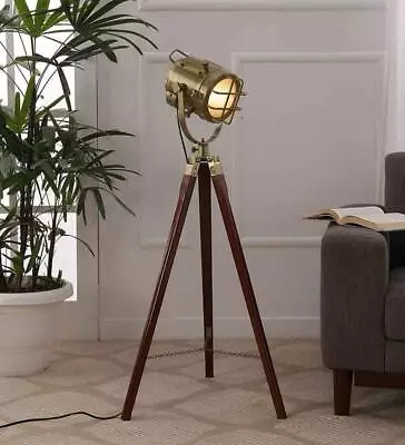 Nautical Spotlight Floor Lamp Searchlight Vintage Wooden Tripod Standing Lamps • $105