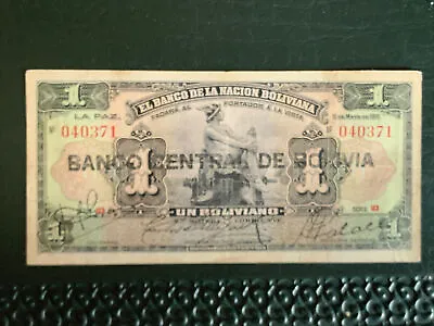 62640 Banknote BOLIVIA 1 Boliviano 1911 1929 Banco Nacion Boliviana Overprint • $12.85