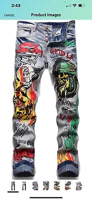 Men's Ginzous Light Blue Denim Skull Printed Straight Leg Punk Hip Hop Pants • $17.95