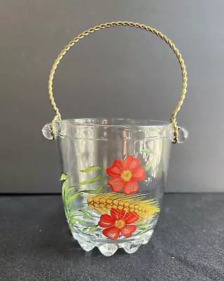 Vintage Ice Bucket Twisted Brass Handle Glass Clear Painted Flowers And Wheat • $19.95