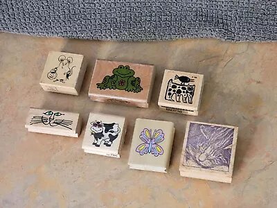 Lot Of 7 Various Animal Wood Mounted Rubber Stamps Frog Mouse Cow Cat • $8.59
