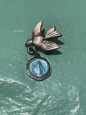 Vintage Sterling Silver Dove W. Dangling Miraculous Mary Blue Enamel Medal #757 • $35