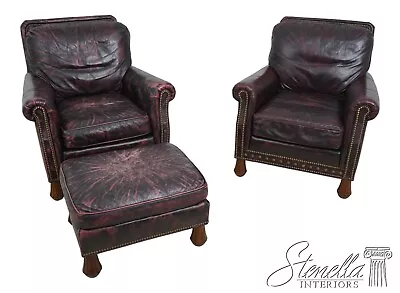 63637E: Pair Distressed Leather Club Chairs W. Ottoman • $1895